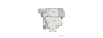 A floor plan of a home with a living room, dining room, kitchen, pantry, bedroom, bathroom, walk-in closet, and storage.