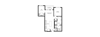 A floor plan of a house with a den, living/dining room, kitchen, bathroom, and bedroom.