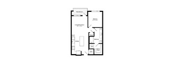 A floor plan of a small apartment with a living room, dining room, kitchen, bedroom, and bathroom.