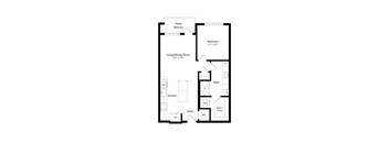 A floor plan of a small apartment with a living room, kitchen, bathroom, and bedroom.