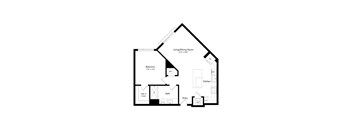A black and white floor plan of a house with a living/dining room, kitchen, bath, bedroom, and walk-in closet.