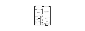 A floor plan of a small apartment with a bedroom, bathroom, kitchen, and living/dining room.