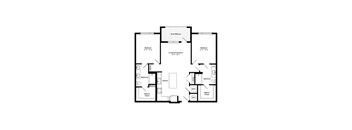 A floor plan of a house with two bedrooms, a living room, a kitchen, a bathroom, and a walk-in closet.