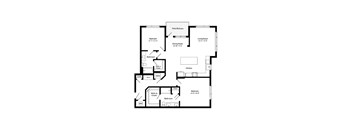 A floor plan of a house with a living room, dining room, kitchen, and two bedrooms.