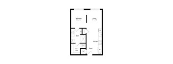 A floor plan of a small apartment with a bedroom, living room, kitchen, bathroom, and walk-in closet.