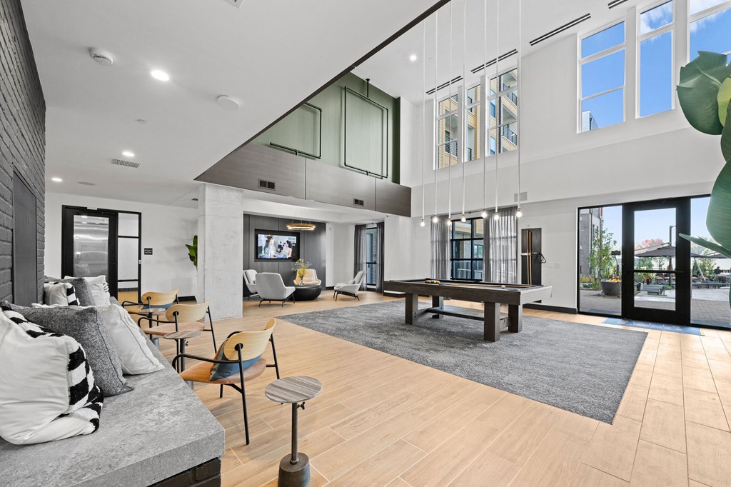 A modern living room with a grey rug and a wooden floor.