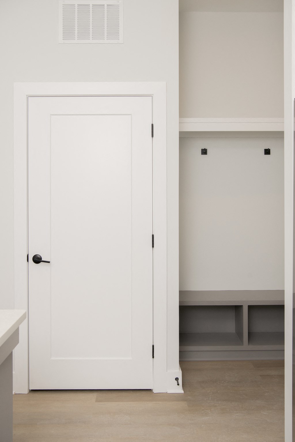 a room with a closet and a white door