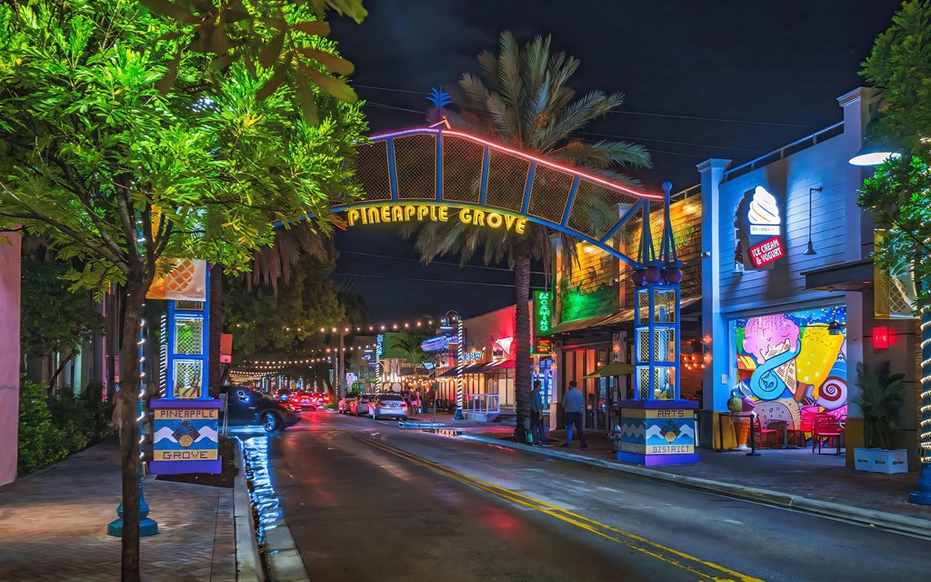 Nighttime View of Pineapple Grove Entrance Near South of Atlantic
