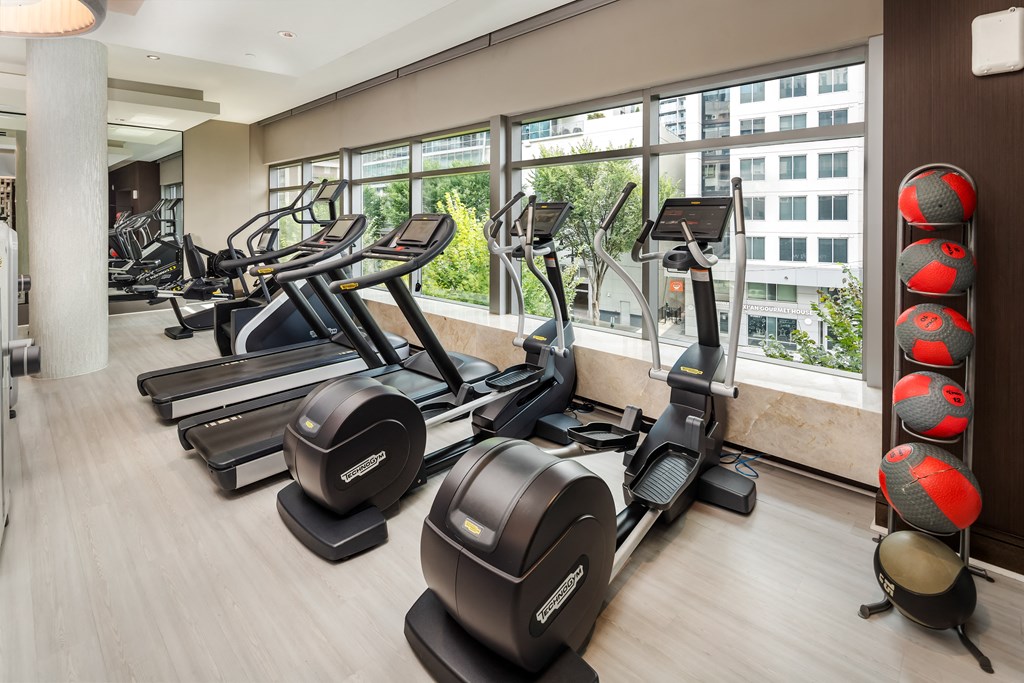 Modern Fitness Center with Cardio Machines and Window Views