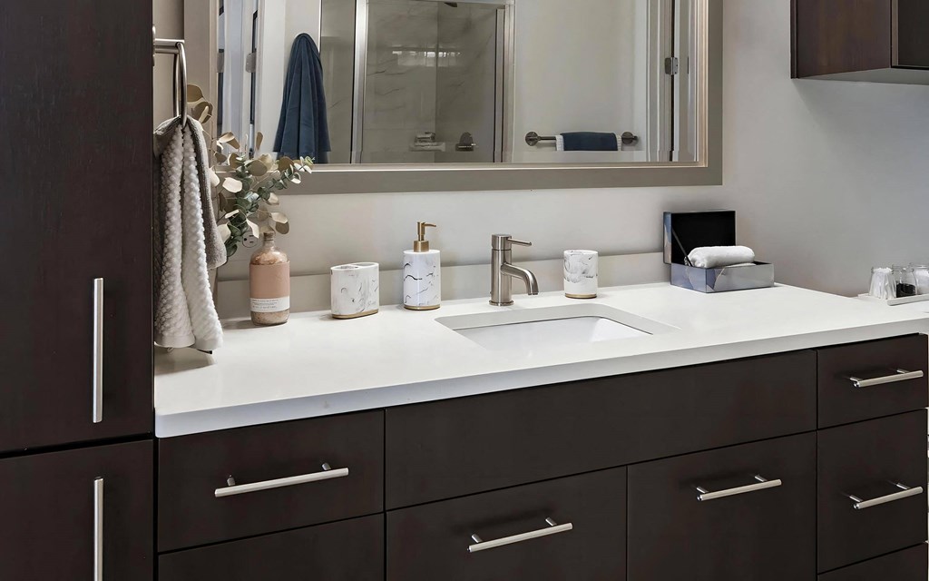 Designer Bathroom with Stone Countertops and Built-In Storage Space