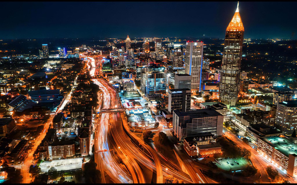 City Lights and Freeway Traffic in Downtown Atlanta After Dark