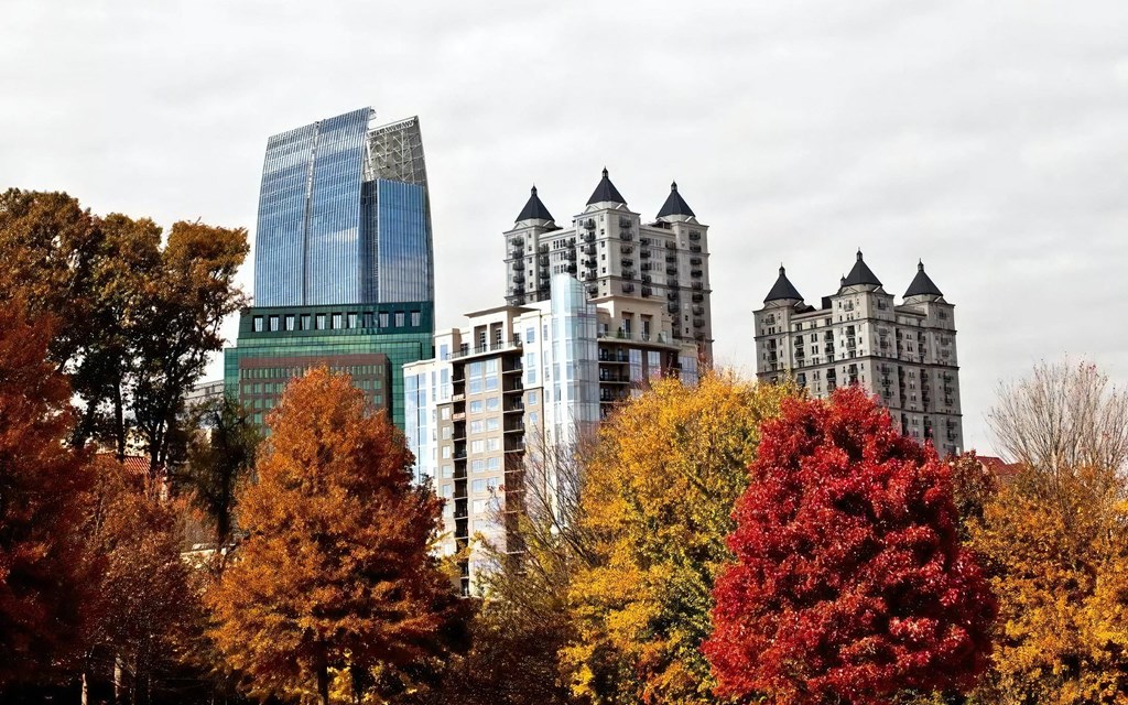 Trees in Fall Colors Framing Midtown Atlanta Residential and Office Towers