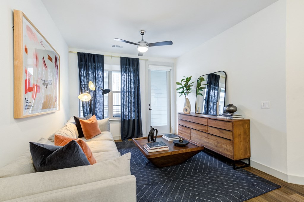 a living room with a couch and a coffee table