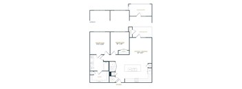 A floor plan of a house with two bedrooms, a living area, and a garage.