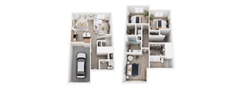 two views of a floor plan of a house with a car