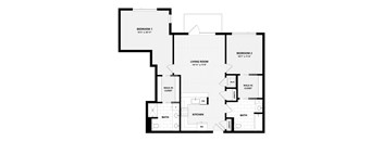 A black and white image of a floor plan for a two bedroom apartment.