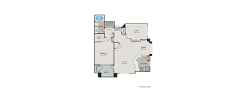 A floor plan of a house with a bedroom, living room, kitchen, study, and dining area.