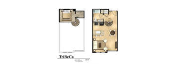 A floor plan of a TriBeCa apartment with a living room, kitchen, and bedrooms.