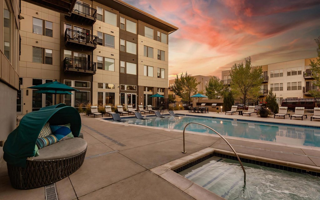 Sunset View of Swimming Pool and Hot Tub