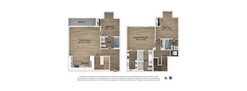 A floor plan of a two-story townhome with a balcony, living room, kitchen, and three bedrooms.