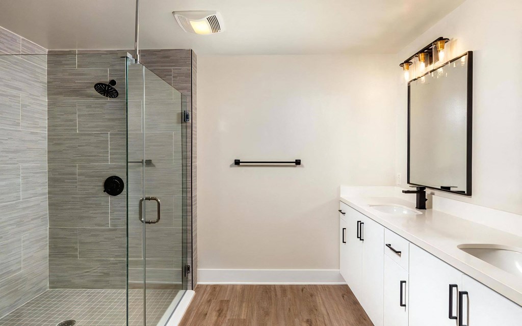 Venice on Rose Apartments Master Bathroom Modern Bathrooms with Walk in Glass Shower