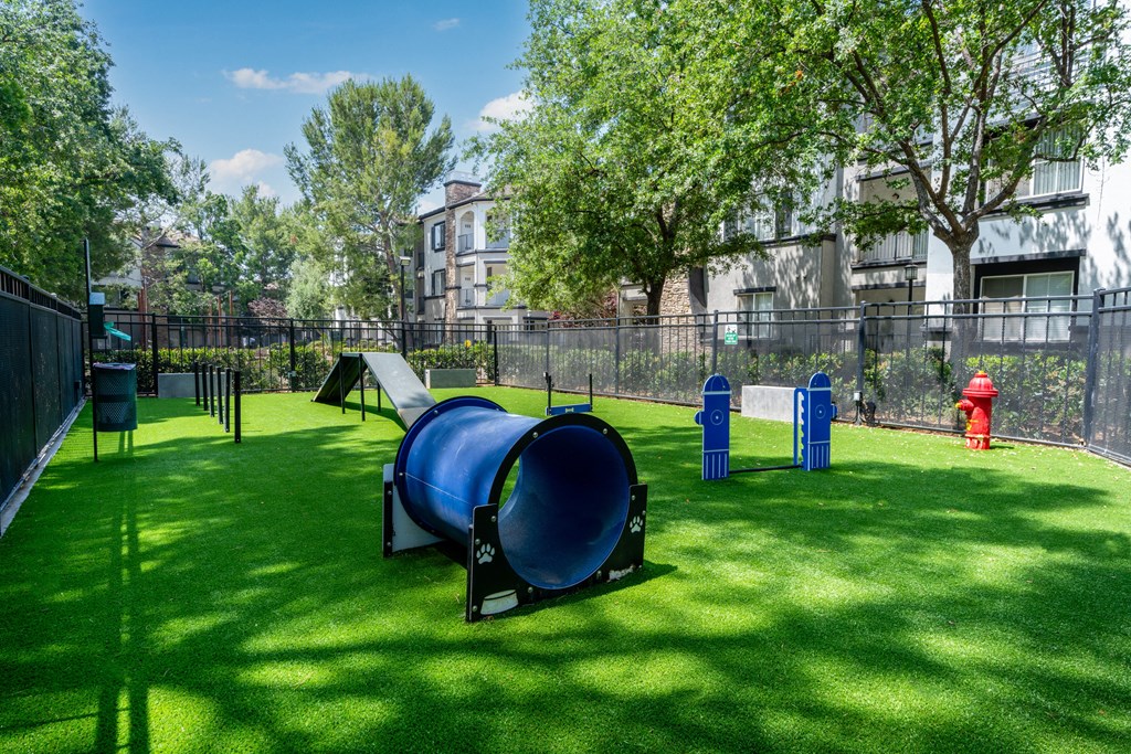 a playground with a fire hydrant and blue playground equipment on the grass