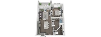 A floor plan of a small apartment with a living room, kitchen, and bedroom.