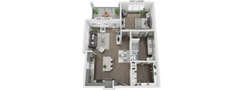 A 3D floor plan of a small apartment with a living room, kitchen, and bedroom.
