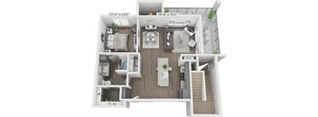 A 11'11"x12'2" floor plan of a house with a kitchen, living room, dining room, and a staircase.