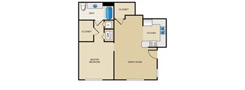 A floor plan of a house with a master bedroom, a great room, a kitchen, a bath, and two closets.