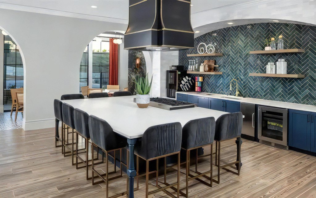 Broadstone Upper Westside Community Clubhouse Modern Clubroom with Flatscreen TV and Full Kitchen