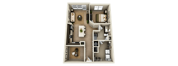 A top-down view of a two-bedroom apartment with a living room, kitchen, and bathroom.