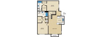 A floor plan of an apartment with a master bedroom, a great room, and a balcony.