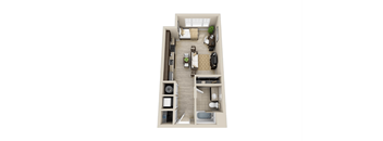 A top down view of a small apartment with a kitchen, living room, and bedroom.