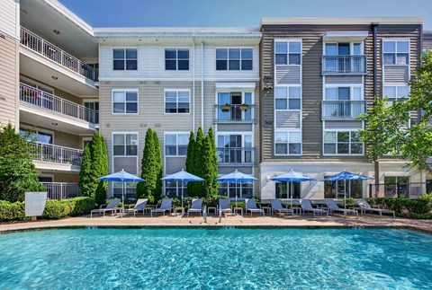 Pool and sun deck lined with blue umbrellas and gray loungers, below apartment balconies and tall arborvitae hedges.
