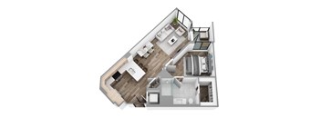 Floor plan A1, a 1-bed, 1-bath 674–785 SF apartment with open living, dining, and kitchen area