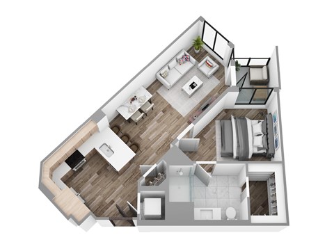 Floor plan A1, a 1-bed, 1-bath 674–785 SF apartment with open living, dining, and kitchen area
