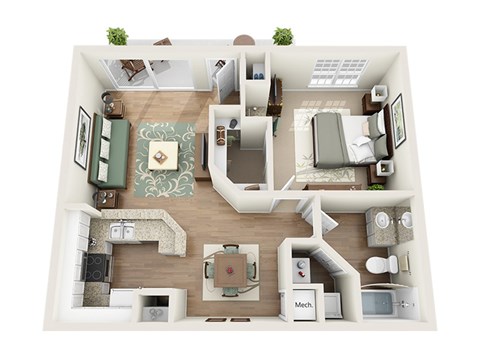 Floor plan A1, The Pompano, a 1-bed, 1-bath 718 SF apartment in St. Petersburg, FL