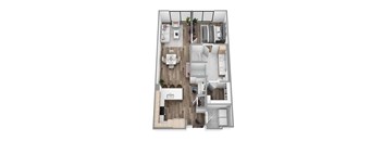 Floor plan A10, a 1-bed, 1-bath 820–844 SF apartment with open living, dining, and kitchen area