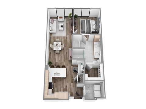 Floor plan A10, a 1-bed, 1-bath 820–844 SF apartment with open living, dining, and kitchen area