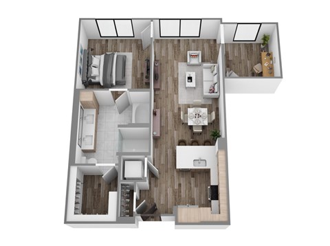 Floor plan A11, a 1-bed, 1-bath 773–865 SF apartment with open living, dining, kitchen, and study area