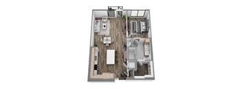 Floor plan A12, a 1-bed, 1-bath 930–987 SF apartment with open living, dining, and kitchen area