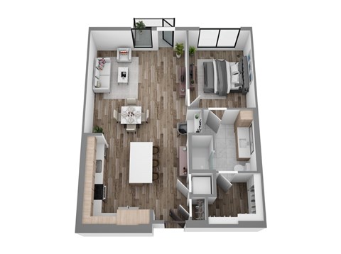 Floor plan A12, a 1-bed, 1-bath 930–987 SF apartment with open living, dining, and kitchen area