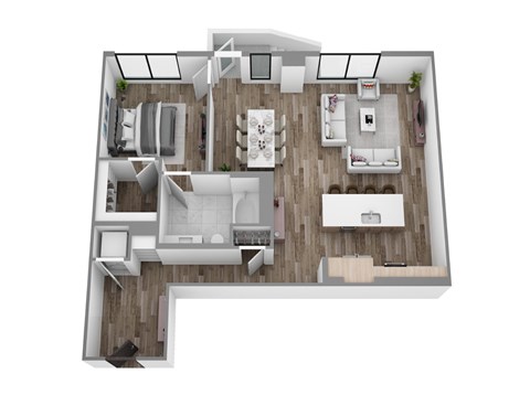 Floor plan A13, a 1-bed, 1-bath 1,016 SF apartment with open living, dining, and kitchen area