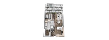 Floor plan A2, a 1-bed, 1-bath 693–701 SF apartment with open living, dining, and kitchen area