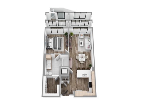 Floor plan A2, a 1-bed, 1-bath 693–701 SF apartment with open living, dining, and kitchen area