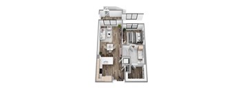 Floor plan A3, a 1-bed, 1-bath 706 SF apartment with open living, dining, and kitchen area