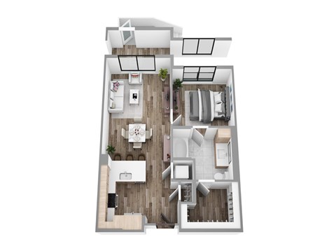 Floor plan A3, a 1-bed, 1-bath 706 SF apartment with open living, dining, and kitchen area