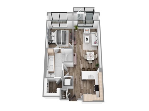 Floor plan A4, a 1-bed, 1-bath 722–794 SF apartment with open living, dining, and kitchen area