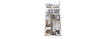 Floor plan A5, a 1-bed, 1-bath 736–811 SF apartment with open living, dining, and kitchen area